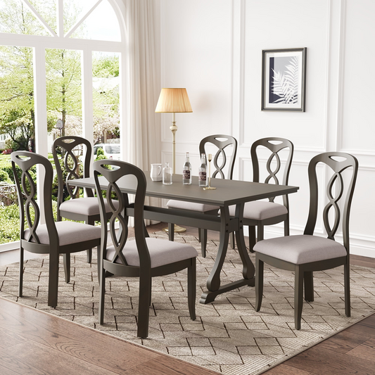 Retro 7-Piece Trestle Dining Table Set with Upholstered Dining Chairs, Smooth Dining Backs for Dining Room, Living Room, Kitchen, Gray
