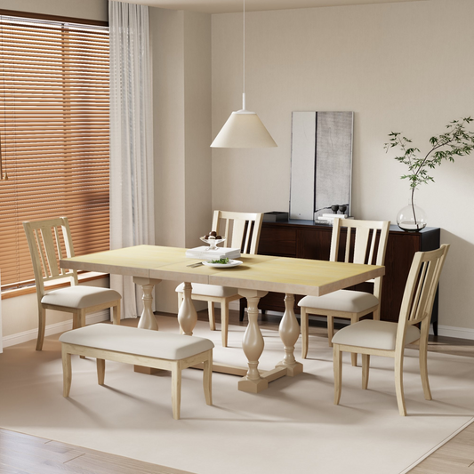 Traditional 6-Piece 78inch Trestle Extendable Dining Table Set with One 18inch Removable Leaf, Padded Dining Chairs and Bench,Natural