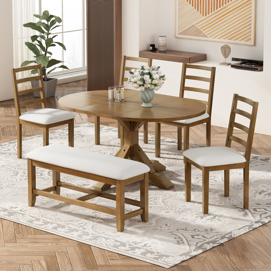 Farmhouse 6-Piece 60inch Extendable Pedestal Dining Table Set with 18inch Removable Leaf, 44inch Bench and 4 Ladder Back Dining Chairs, Dark Brown