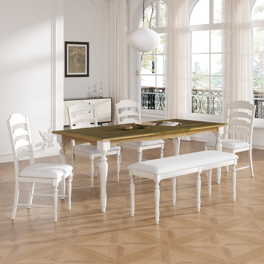 Vintage Traditional 6-Piece 82.7inch Extendable Dining Table Set with 23.6inch Removable Leaf, 50.4inch Upholstered Dining Bench and 4 Chairs for 6, Brown+Cream