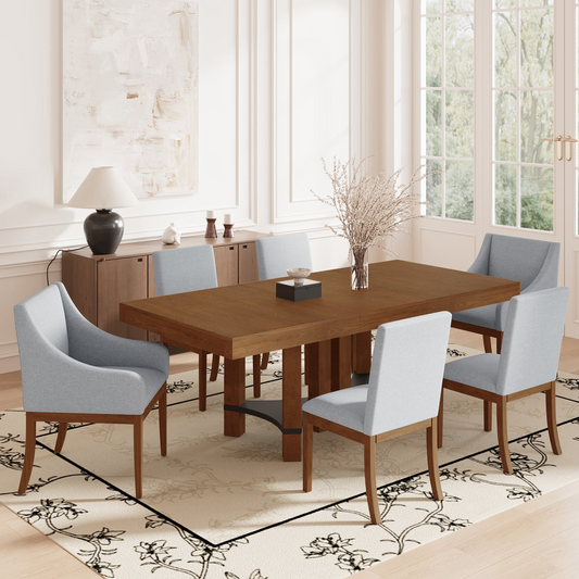 Rustic 7-Piece 76.4inch Extendable Dining Table Set with 18inch Removable Leaf, 2 Arm Chairs and 4 Armless Chairs, Brown