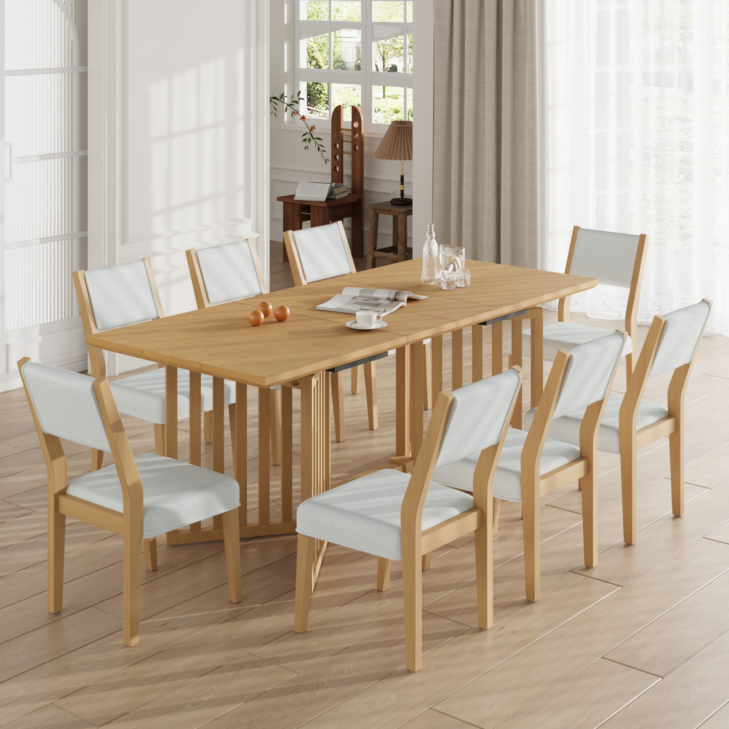 Farmhouse 9-Piece 83.9inch Extendable Dining Table Set with 2 12-inch Removable Leaves and 8 Upholstered Dining Chairs, Natural
