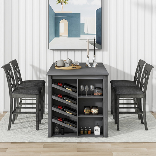 Updated Counter Height 5-piece Solid Wood Dining Table Set, 59*35.4Inch Table with Curved Wine Rack and 4 Upholstered Chairs, Grey