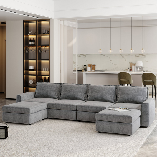 115*58" Chenille Modular Sectional Sofa,U Shaped Reversible Couch,Free Combination,6 Seat Sleeper Sofa Bed with Ottoman,Convertible Oversized Indoor Furniture for Living Room,Gray