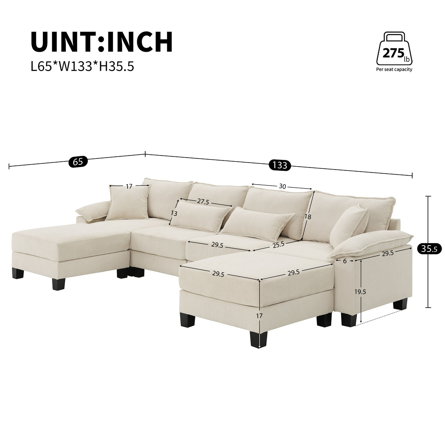 Wide Seat Corduroy Modular Sectional Sofa Bed,Sleeper Couch Set with Armrest Pillow,6 Seat Free Combination Sofa with Ottomans,Oversized Indoor Furniture for Living Room, 2 Colors