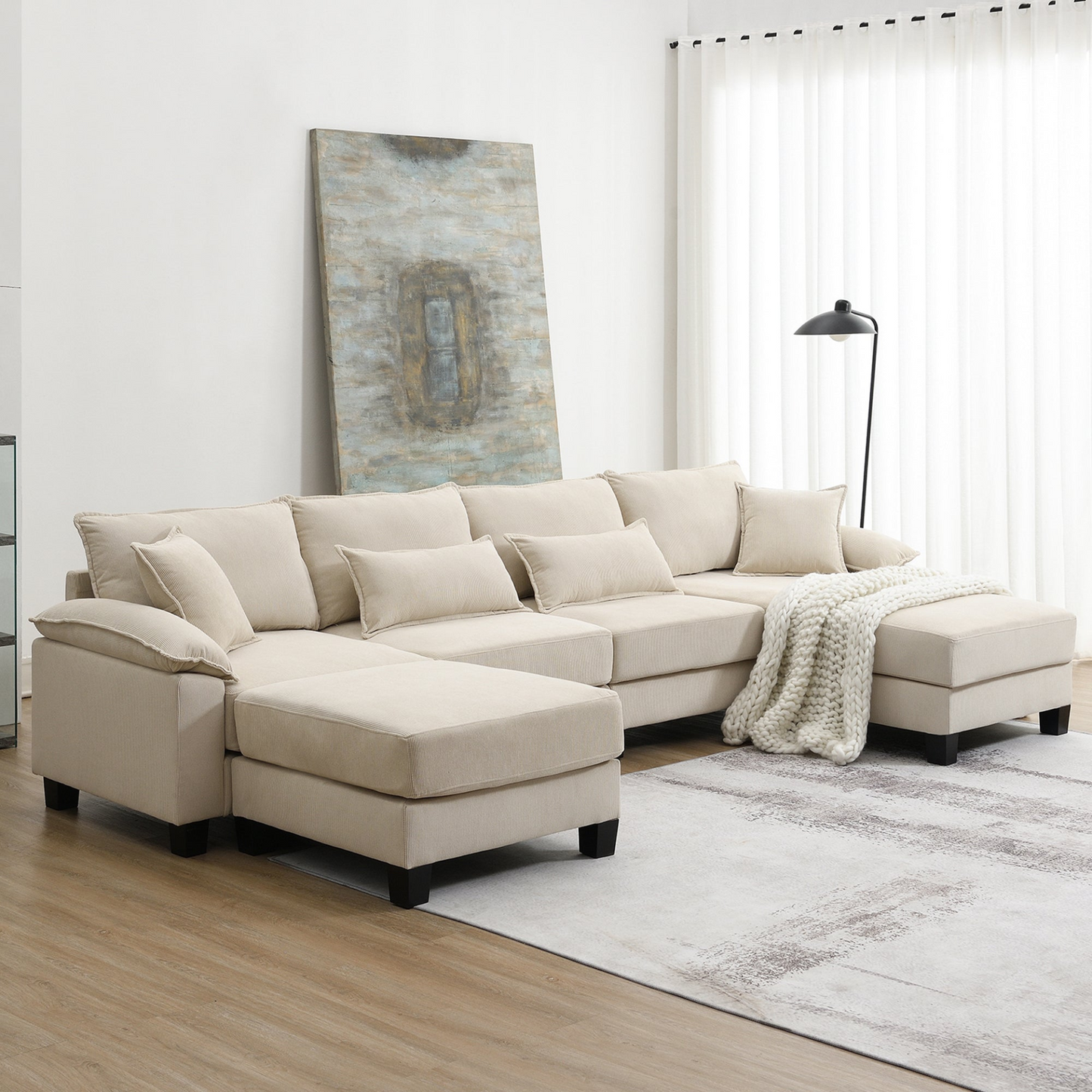 Wide Seat Corduroy Modular Sectional Sofa Bed,Sleeper Couch Set with Armrest Pillow,6 Seat Free Combination Sofa with Ottomans,Oversized Indoor Furniture for Living Room, 2 Colors