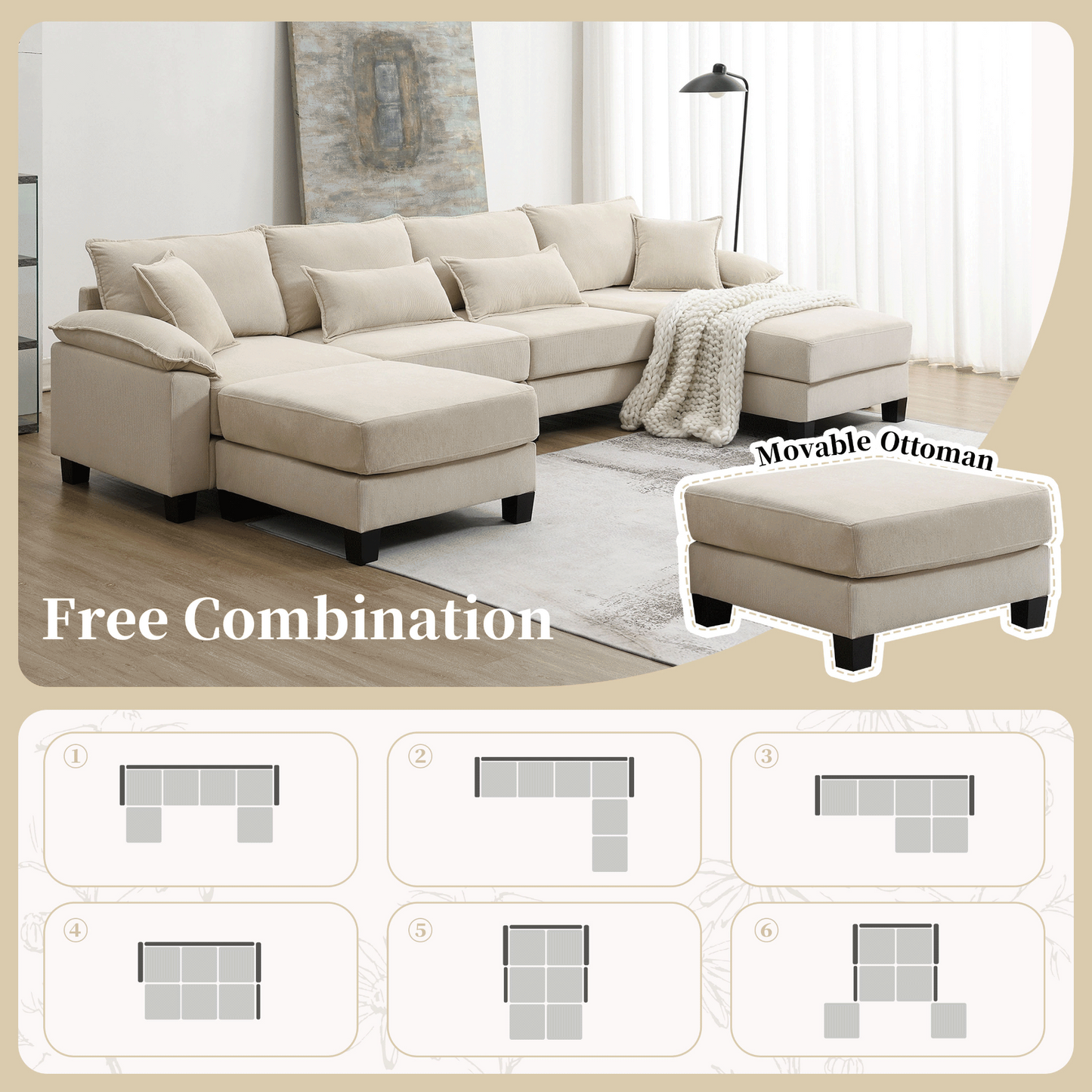 Wide Seat Corduroy Modular Sectional Sofa Bed,Sleeper Couch Set with Armrest Pillow,6 Seat Free Combination Sofa with Ottomans,Oversized Indoor Furniture for Living Room, 2 Colors