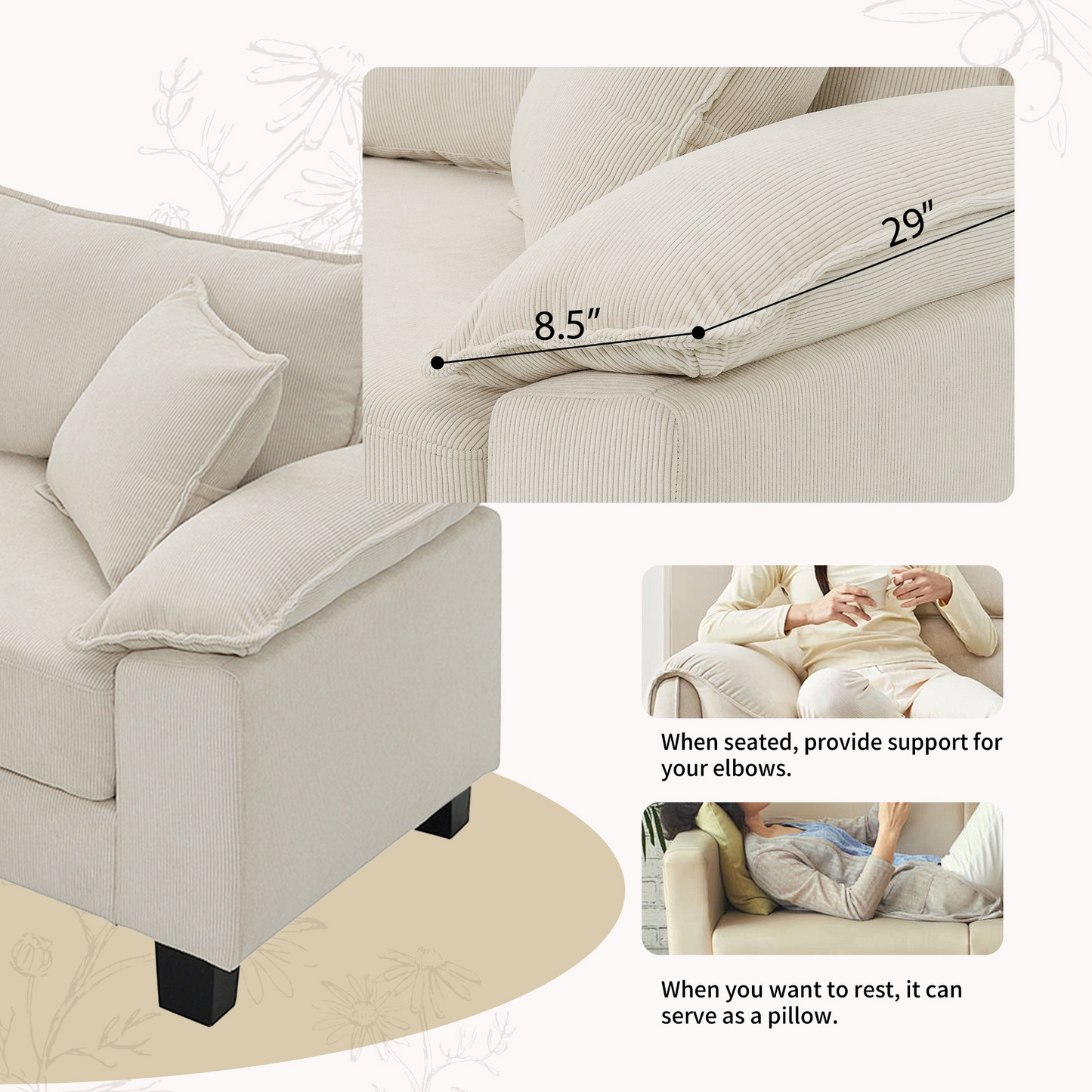 Wide Seat Corduroy Modular Sectional Sofa Bed,Sleeper Couch Set with Armrest Pillow,6 Seat Free Combination Sofa with Ottomans,Oversized Indoor Furniture for Living Room, 2 Colors