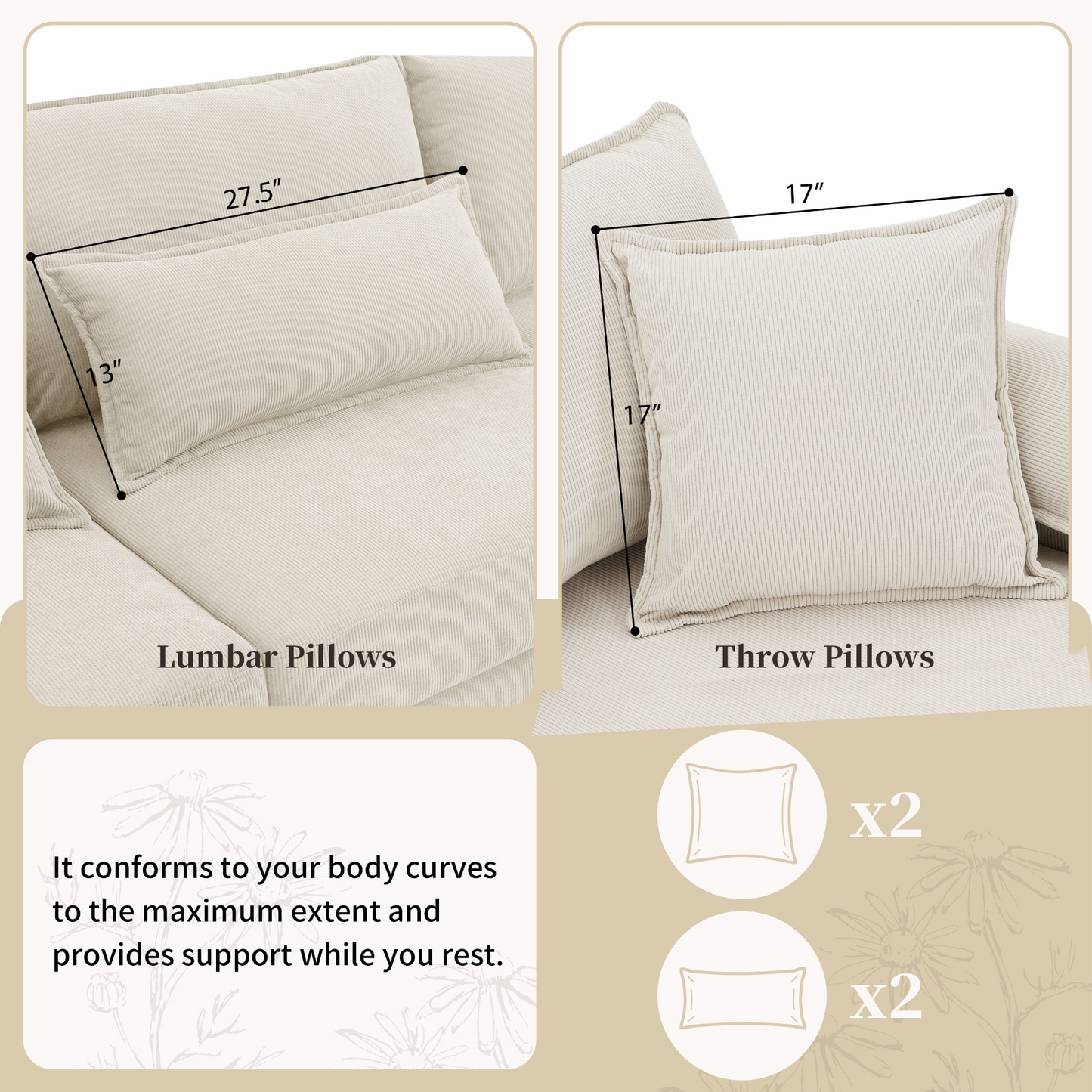Wide Seat Corduroy Modular Sectional Sofa Bed,Sleeper Couch Set with Armrest Pillow,6 Seat Free Combination Sofa with Ottomans,Oversized Indoor Furniture for Living Room, 2 Colors