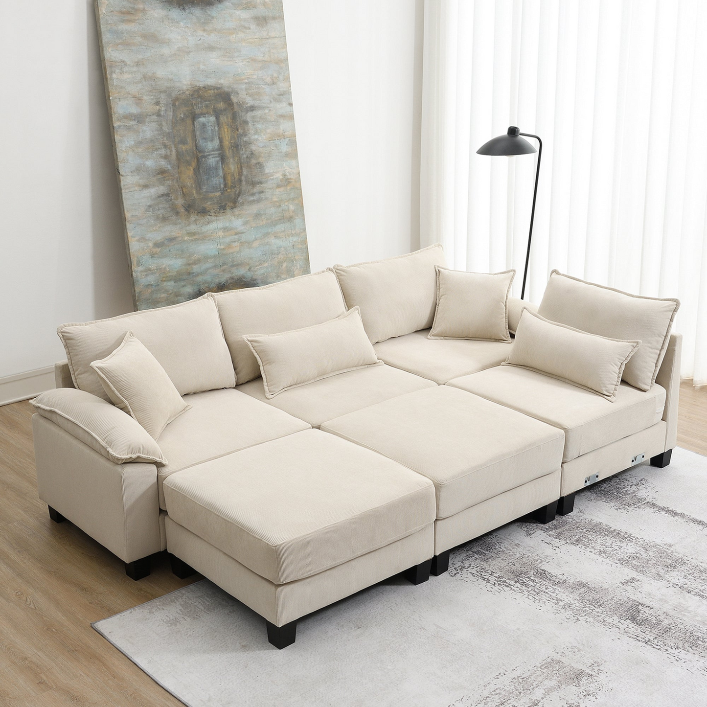 Wide Seat Corduroy Modular Sectional Sofa Bed,Sleeper Couch Set with Armrest Pillow,6 Seat Free Combination Sofa with Ottomans,Oversized Indoor Furniture for Living Room, 2 Colors