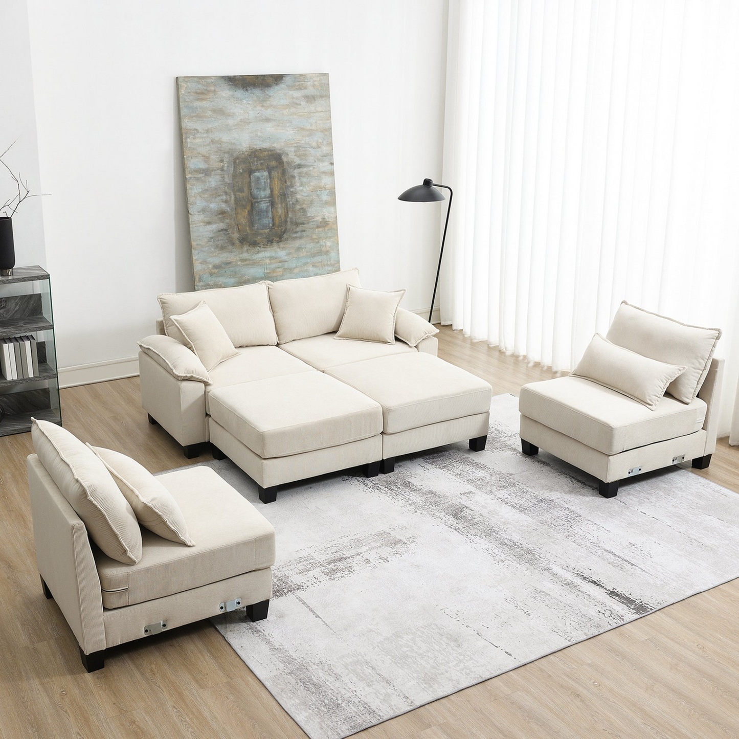 Wide Seat Corduroy Modular Sectional Sofa Bed,Sleeper Couch Set with Armrest Pillow,6 Seat Free Combination Sofa with Ottomans,Oversized Indoor Furniture for Living Room, 2 Colors