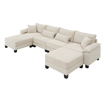 Wide Seat Corduroy Modular Sectional Sofa Bed,Sleeper Couch Set with Armrest Pillow,6 Seat Free Combination Sofa with Ottomans,Oversized Indoor Furniture for Living Room, 2 Colors