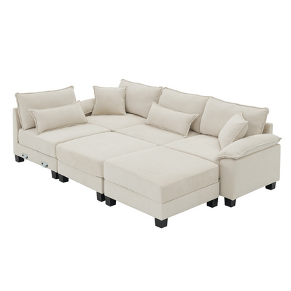 Wide Seat Corduroy Modular Sectional Sofa Bed,Sleeper Couch Set with Armrest Pillow,6 Seat Free Combination Sofa with Ottomans,Oversized Indoor Furniture for Living Room, 2 Colors
