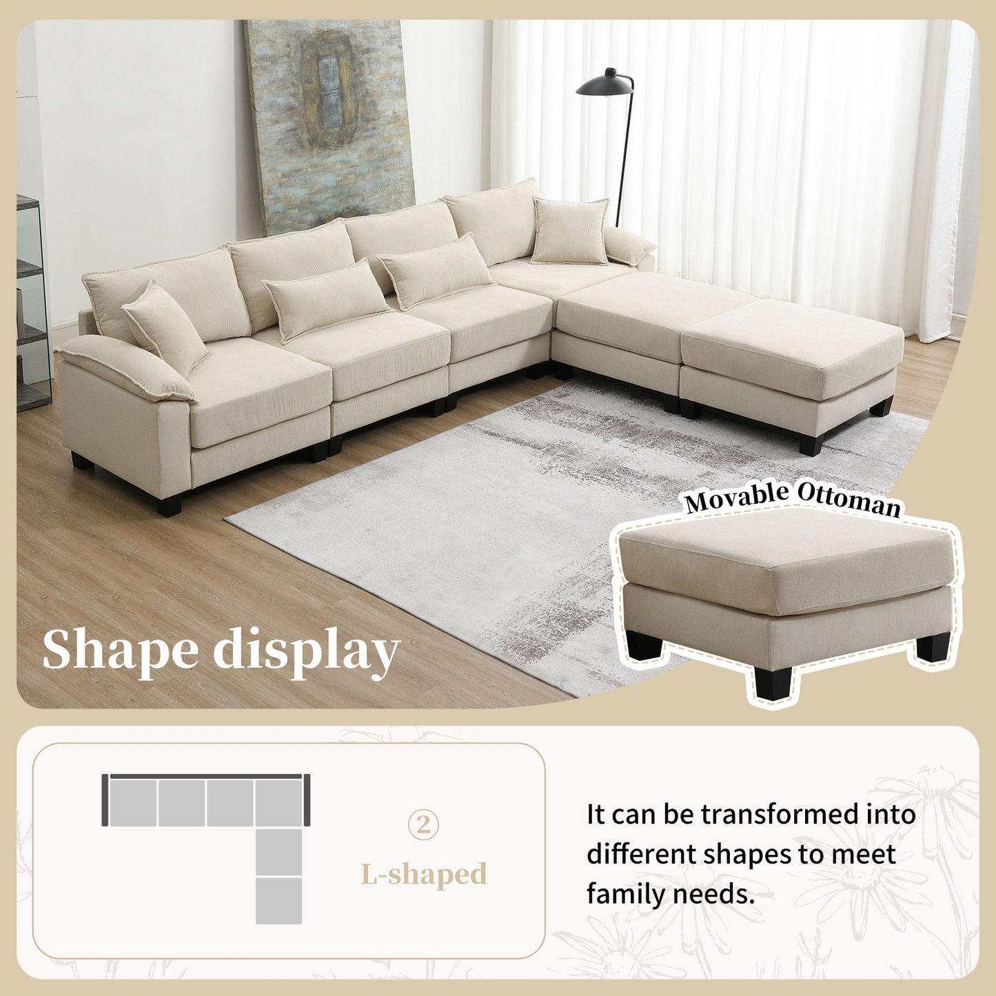 Wide Seat Corduroy Modular Sectional Sofa Bed,Sleeper Couch Set with Armrest Pillow,6 Seat Free Combination Sofa with Ottomans,Oversized Indoor Furniture for Living Room, 2 Colors