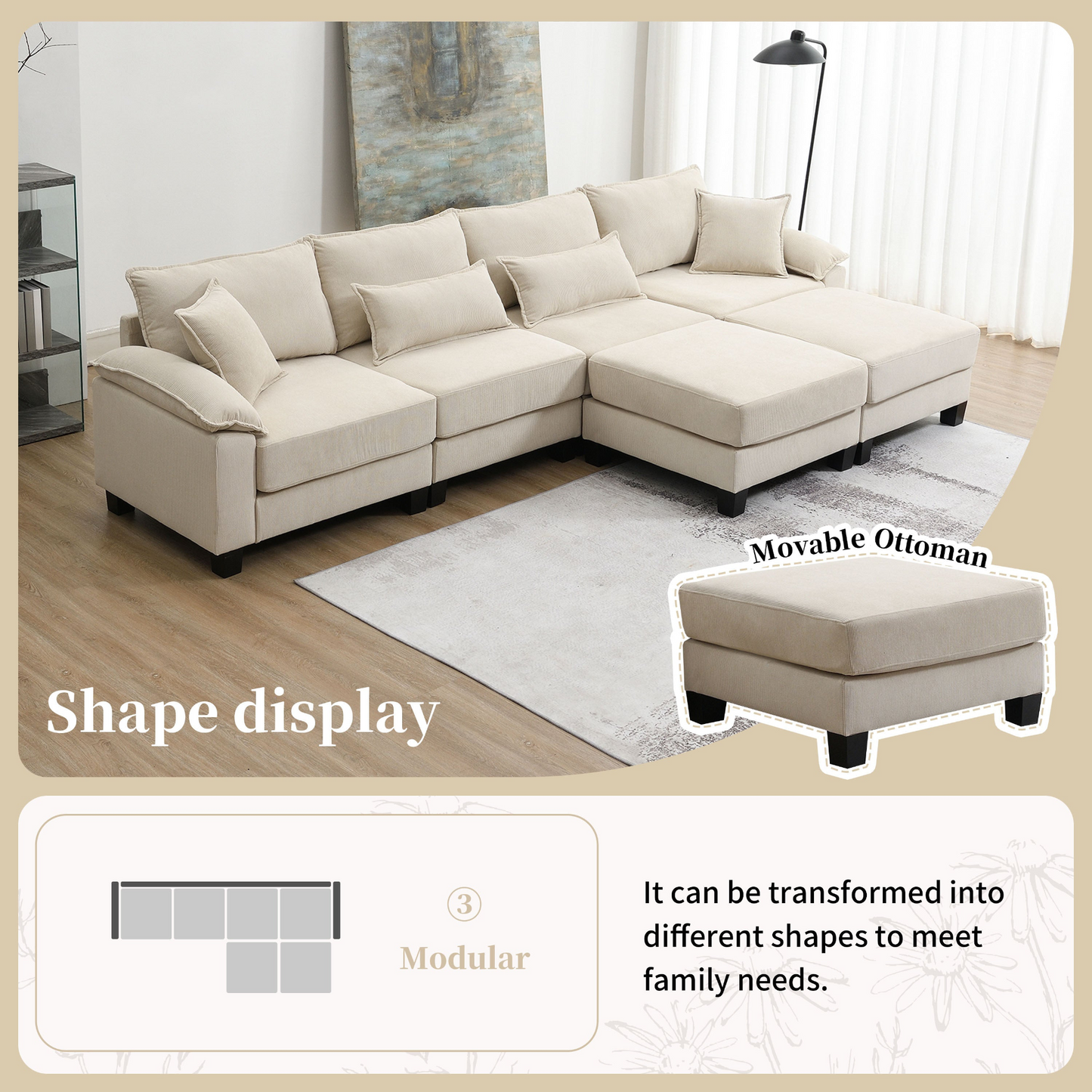 Wide Seat Corduroy Modular Sectional Sofa Bed,Sleeper Couch Set with Armrest Pillow,6 Seat Free Combination Sofa with Ottomans,Oversized Indoor Furniture for Living Room, 2 Colors