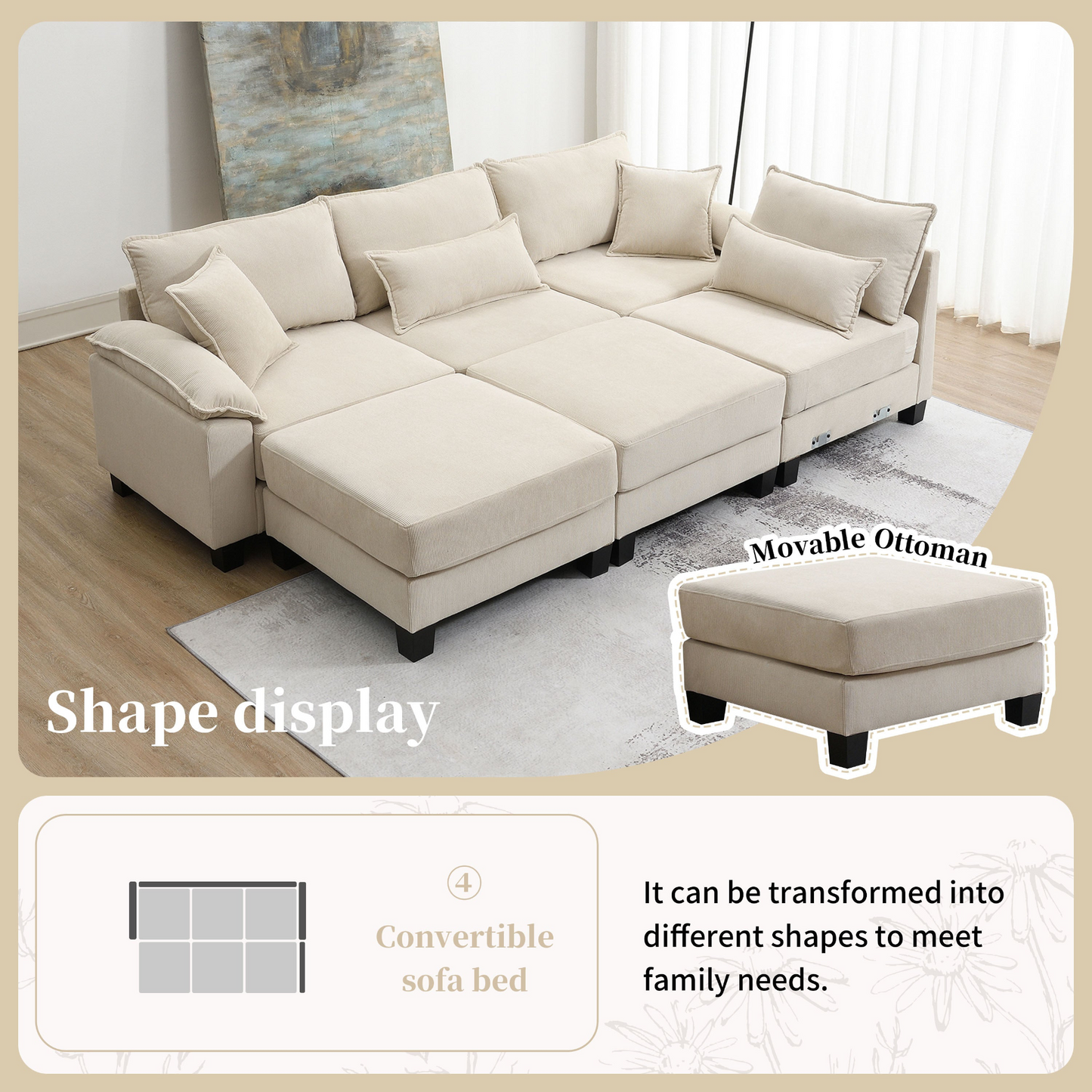 Wide Seat Corduroy Modular Sectional Sofa Bed,Sleeper Couch Set with Armrest Pillow,6 Seat Free Combination Sofa with Ottomans,Oversized Indoor Furniture for Living Room, 2 Colors
