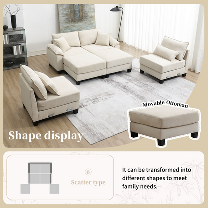Wide Seat Corduroy Modular Sectional Sofa Bed,Sleeper Couch Set with Armrest Pillow,6 Seat Free Combination Sofa with Ottomans,Oversized Indoor Furniture for Living Room, 2 Colors