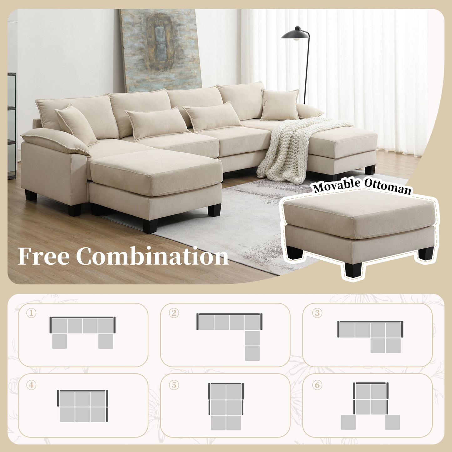 Wide Seat Corduroy Modular Sectional Sofa Bed,Sleeper Couch Set with Armrest Pillow,6 Seat Free Combination Sofa with Ottomans,Oversized Indoor Furniture for Living Room, 2 Colors