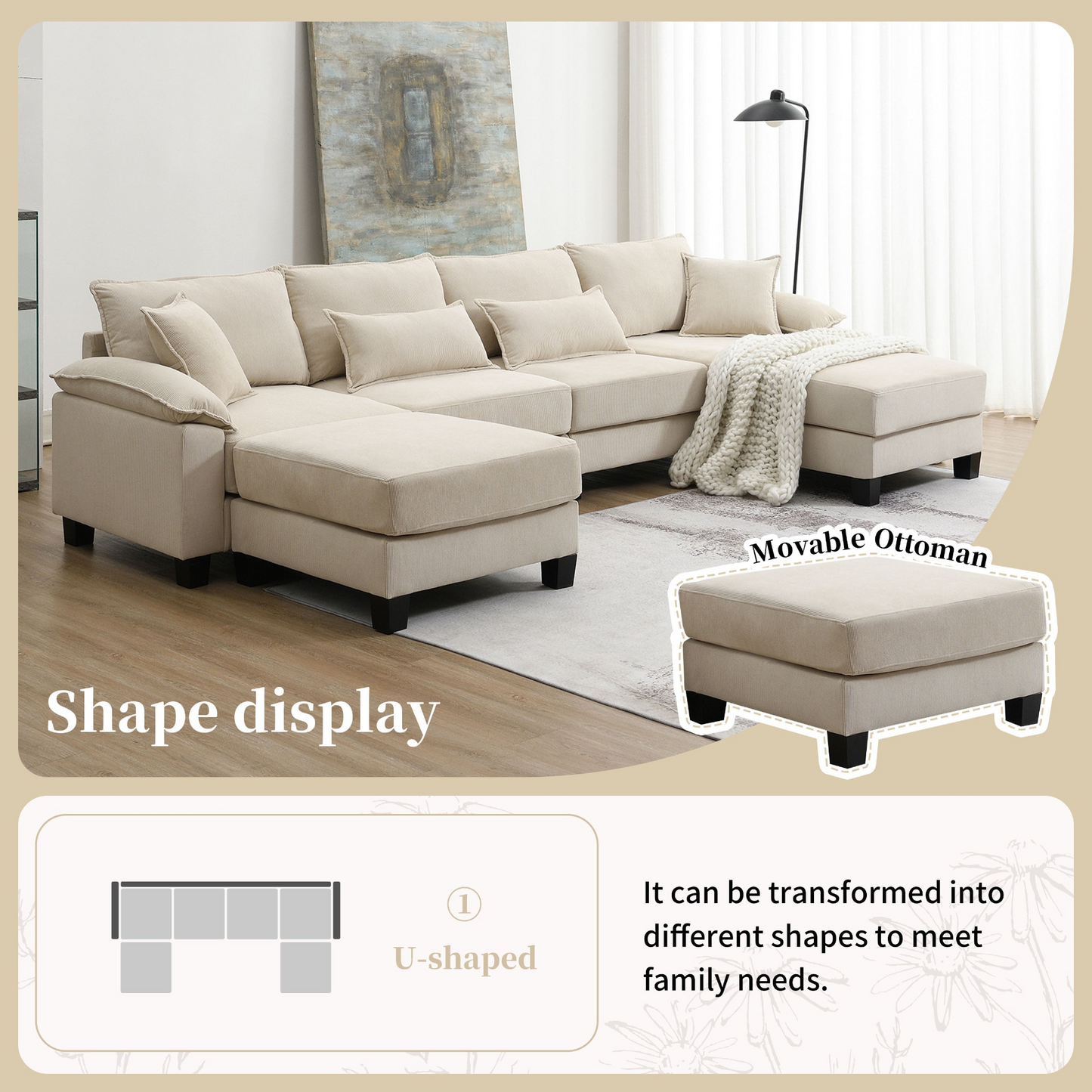 Wide Seat Corduroy Modular Sectional Sofa Bed,Sleeper Couch Set with Armrest Pillow,6 Seat Free Combination Sofa with Ottomans,Oversized Indoor Furniture for Living Room, 2 Colors