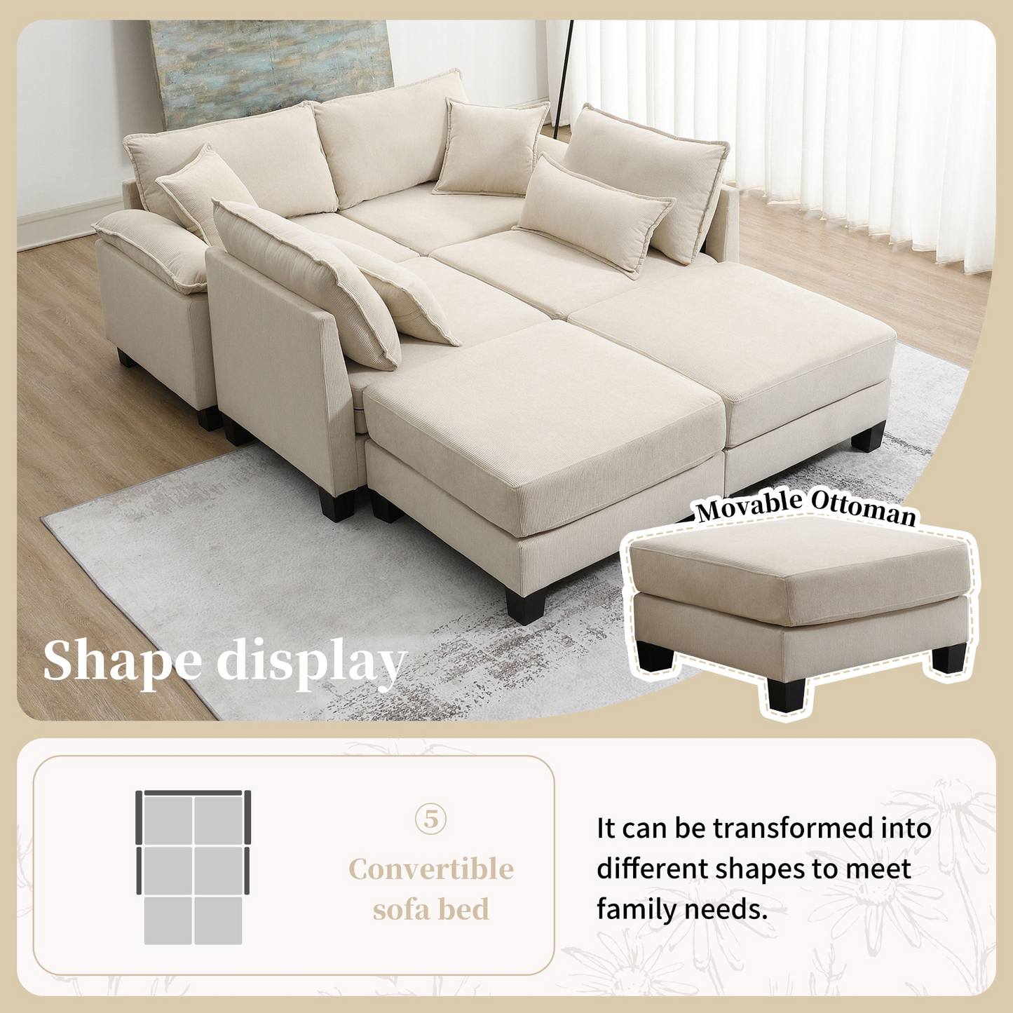 Wide Seat Corduroy Modular Sectional Sofa Bed,Sleeper Couch Set with Armrest Pillow,6 Seat Free Combination Sofa with Ottomans,Oversized Indoor Furniture for Living Room, 2 Colors