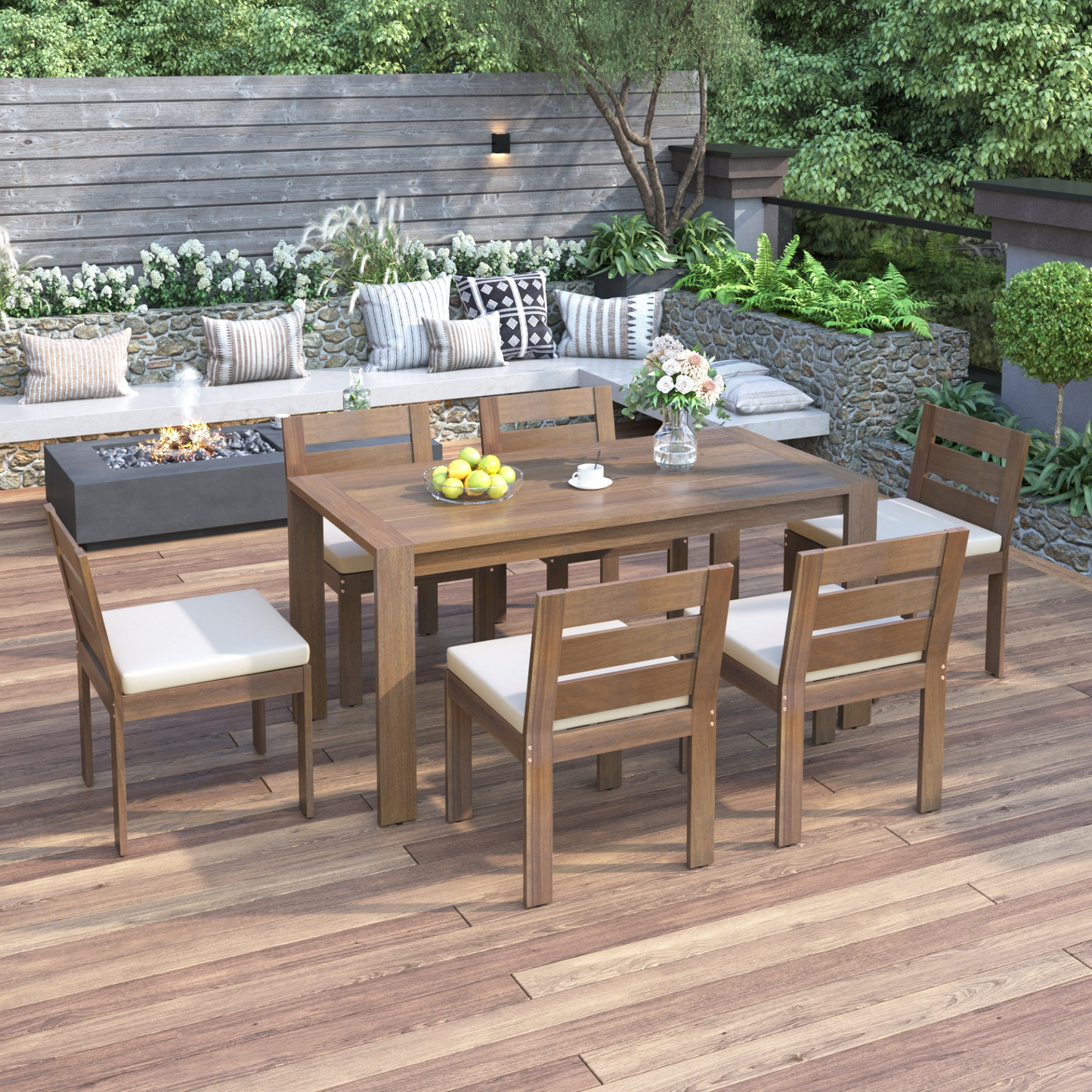 7 Piece Acacia Wood Outdoor Dining Set, Suitable for Patio, Balcony, Backyard