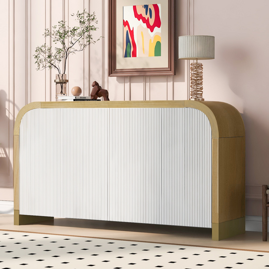 4-door Curved Corner Design Wavy Door Panel  Cabinet with Adjustable Shelves, Suitable for Study, Living Room and Entrance