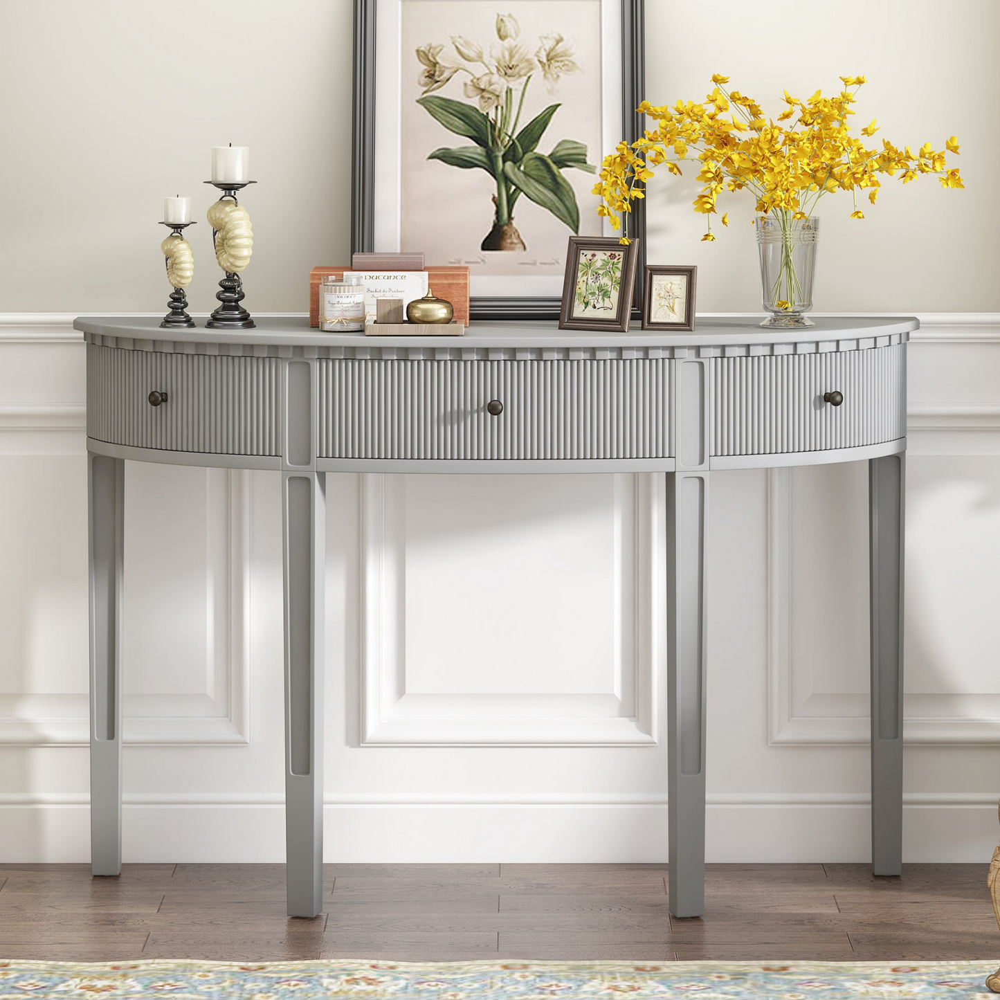 Distinctive Features of Pine Veneer Console Table with Vertical Stripe Drawer Fronts and Four Legs