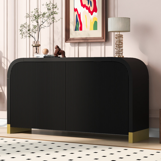 4-door Curved Corner Design Wavy Door Panel  Cabinet with Adjustable Shelves, Suitable for Study, Living Room and Entrance