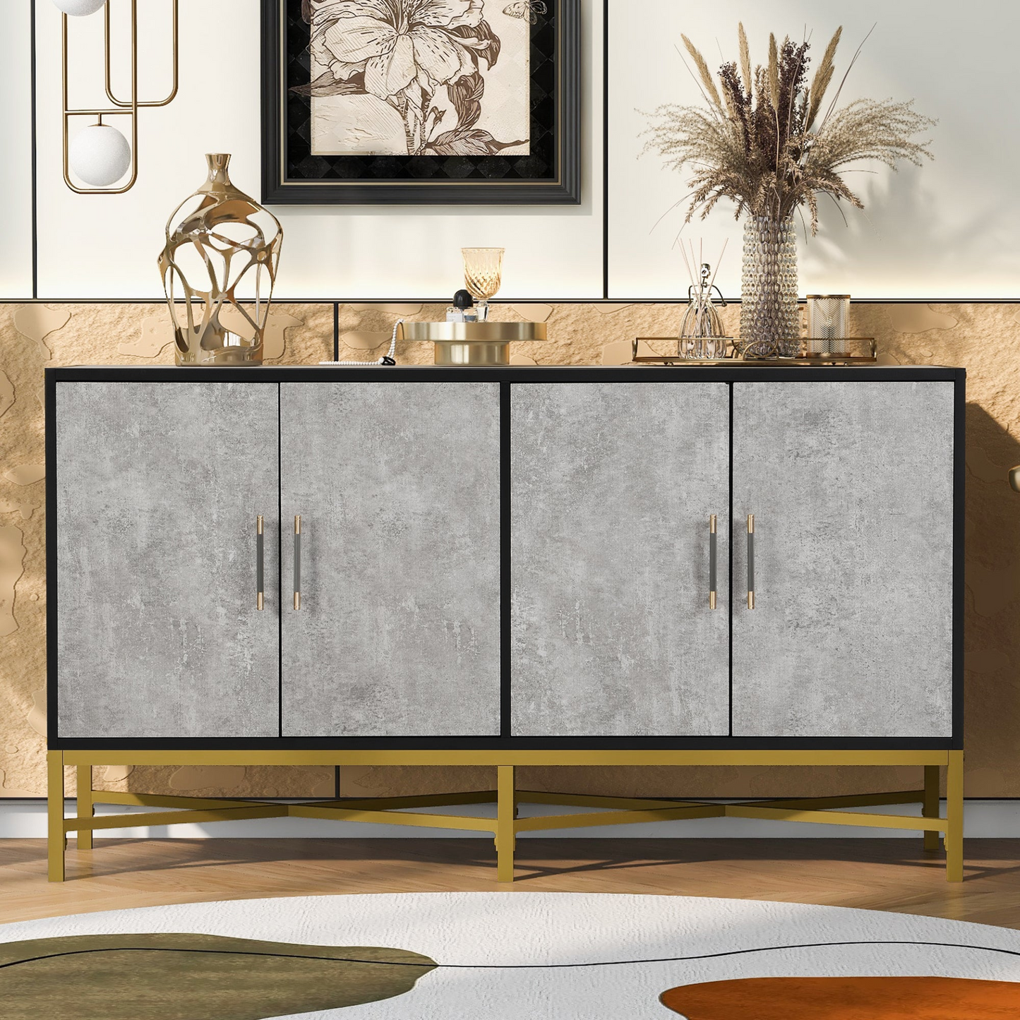 Distinctive Features of Four-Door Sideboard with Metal and Cross-Leg Design,Suitable for Living Rooms,Entrance and Study