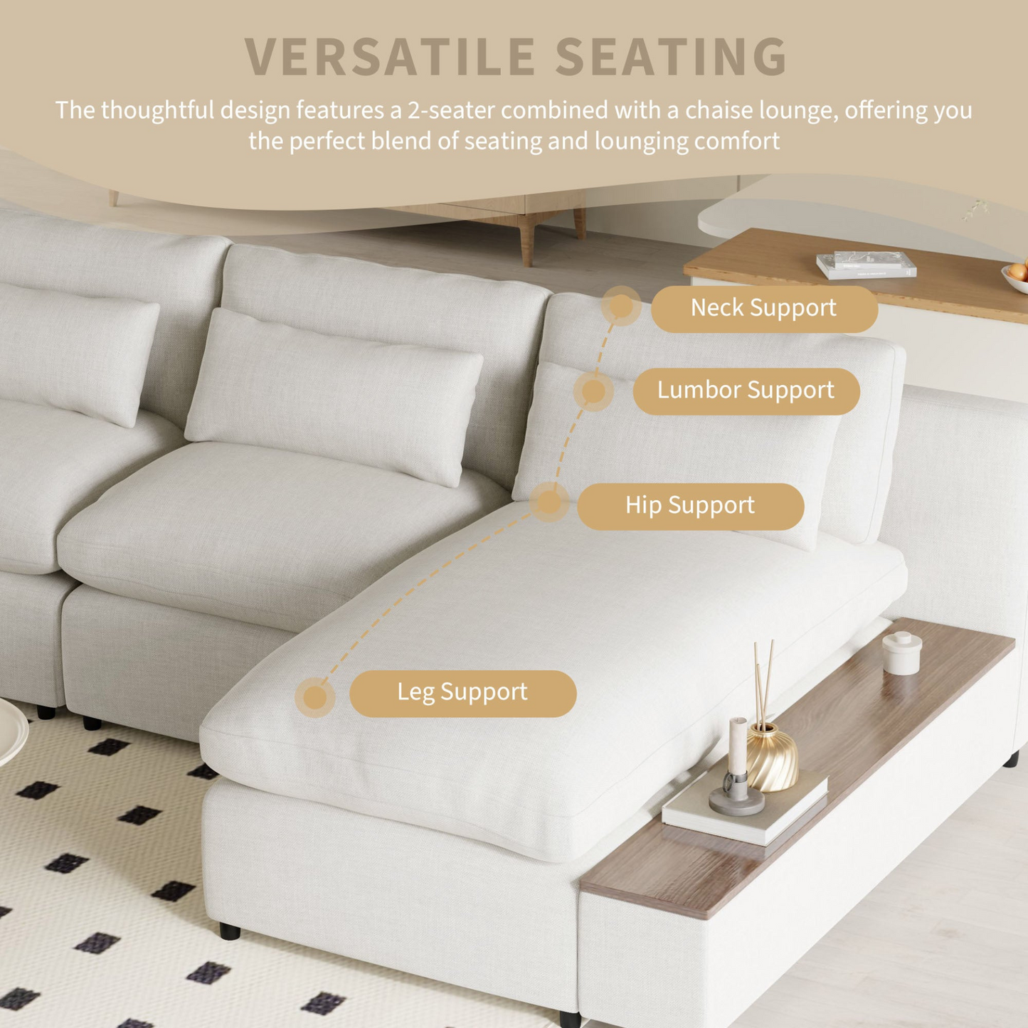 L-shaped Modular Sectional Sofa with Removable Back Cushions,3 Pillows and 2 Storage Spaces,Suitable for Living rooms,Offices and Apartments