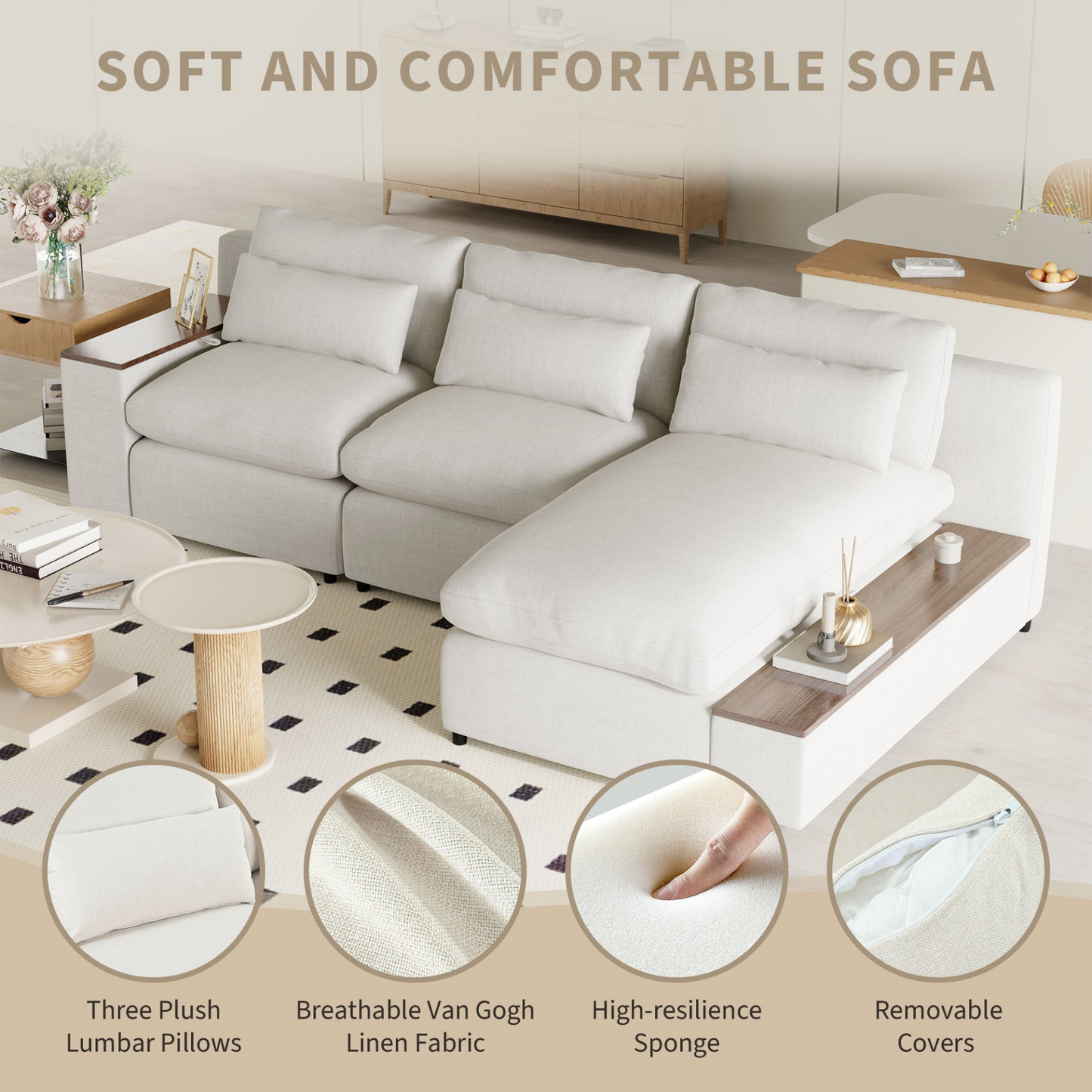 L-shaped Modular Sectional Sofa with Removable Back Cushions,3 Pillows and 2 Storage Spaces,Suitable for Living rooms,Offices and Apartments