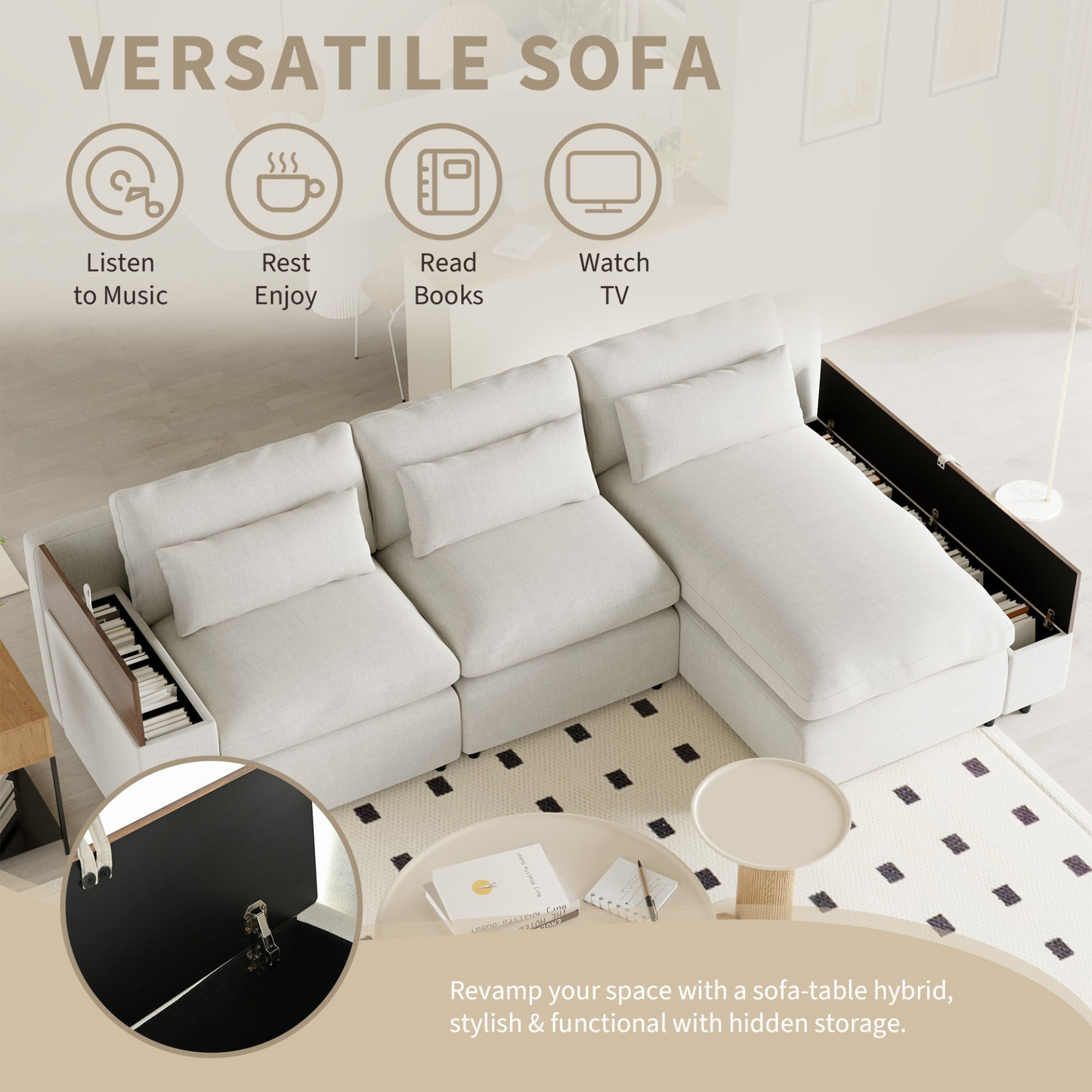 L-shaped Modular Sectional Sofa with Removable Back Cushions,3 Pillows and 2 Storage Spaces,Suitable for Living rooms,Offices and Apartments
