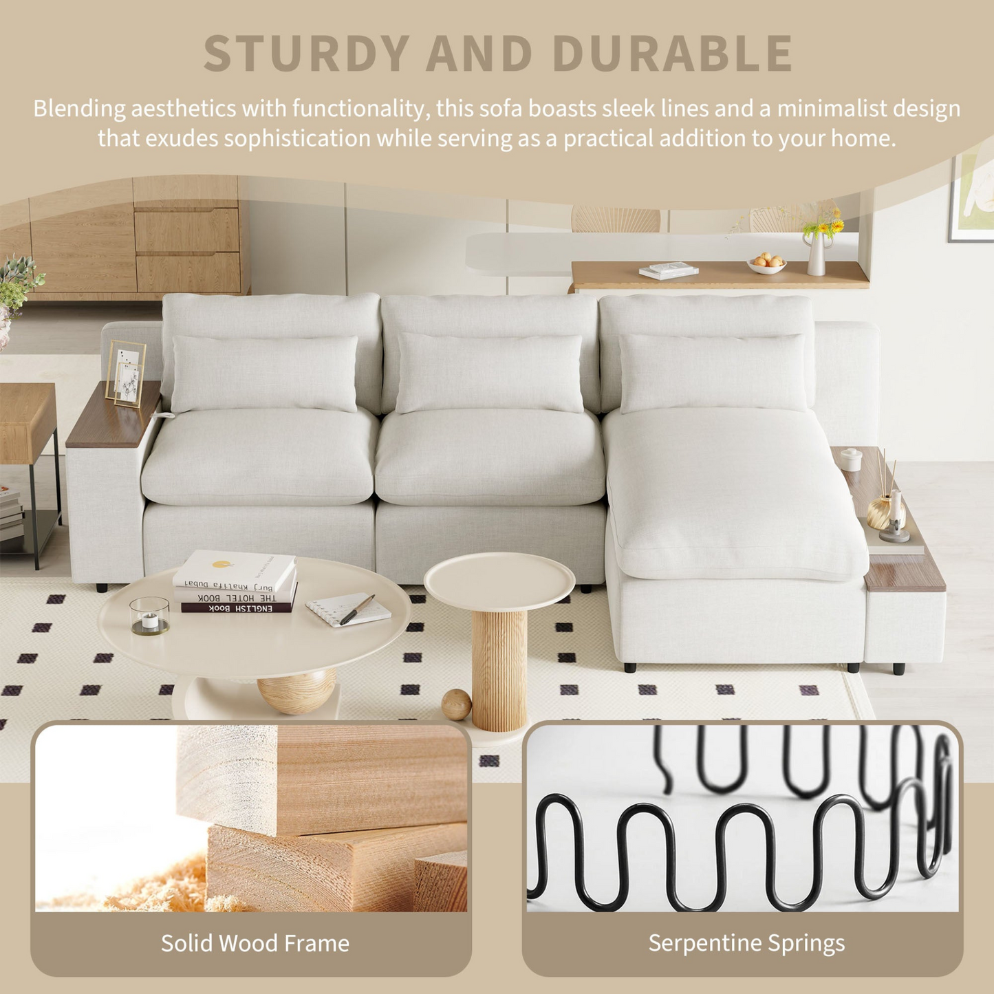 L-shaped Modular Sectional Sofa with Removable Back Cushions,3 Pillows and 2 Storage Spaces,Suitable for Living rooms,Offices and Apartments