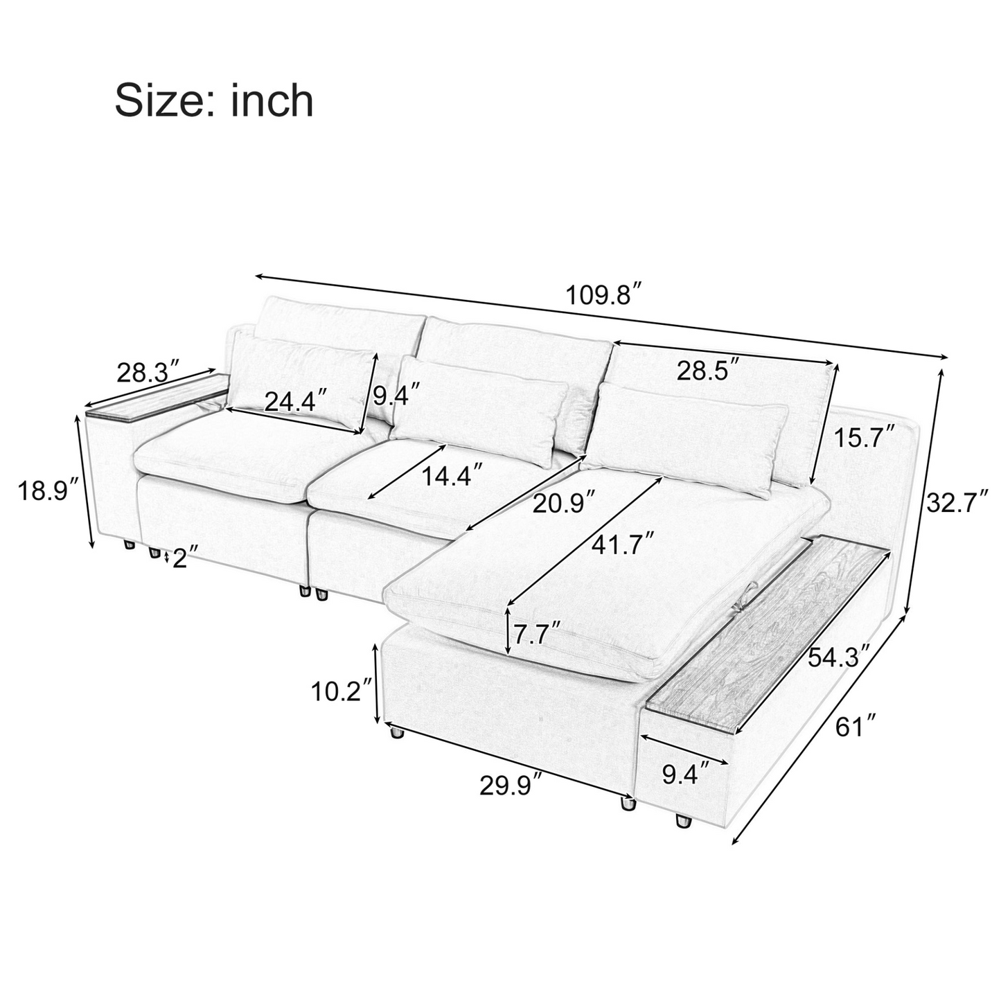 L-shaped Modular Sectional Sofa with Removable Back Cushions,3 Pillows and 2 Storage Spaces,Suitable for Living rooms,Offices and Apartments