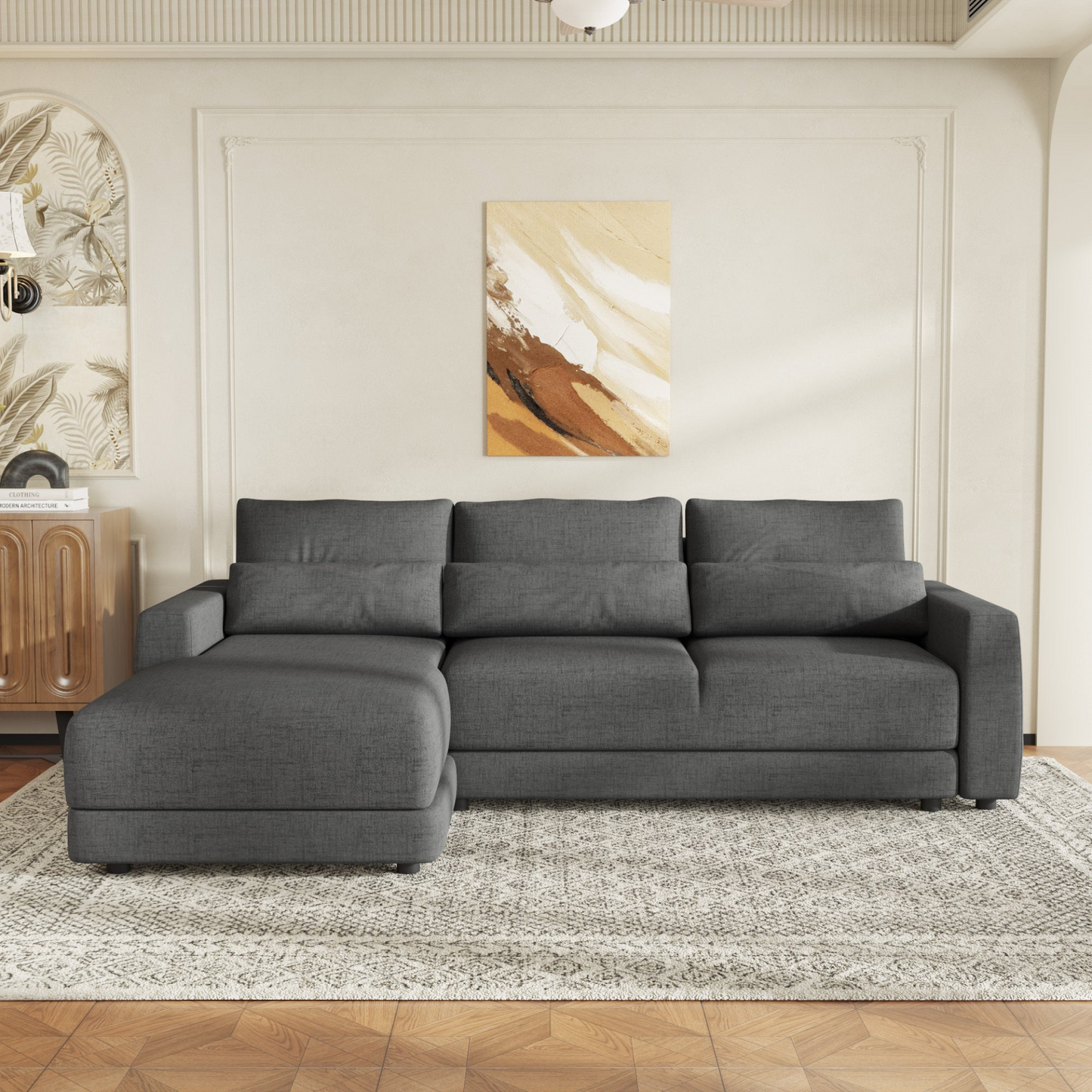 L-shaped Modular Sectional Sofa with Removable Back Cushions and 3 Pillows, Suitable for Living rooms, Offices, and Apartments