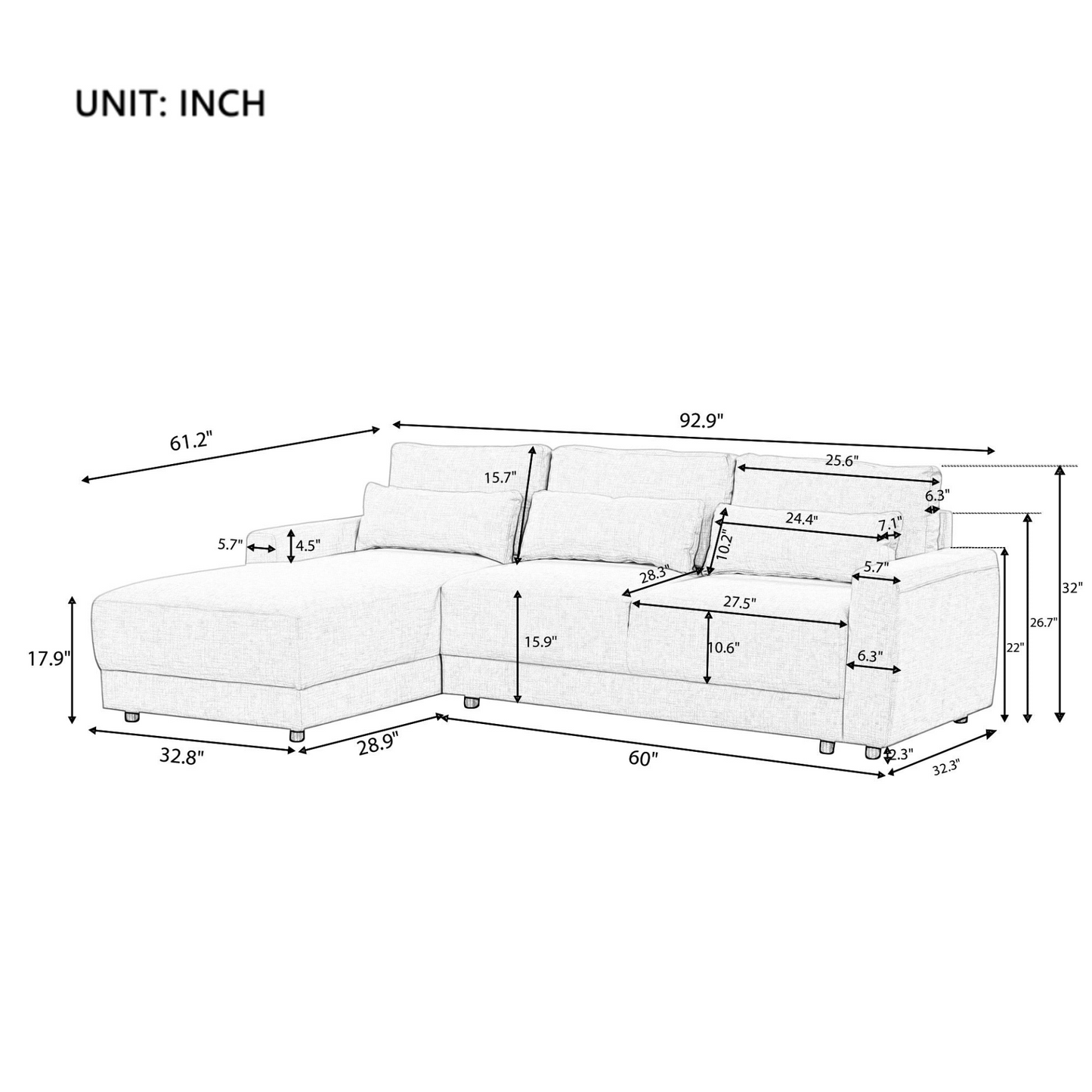 L-shaped Modular Sectional Sofa with Removable Back Cushions and 3 Pillows, Suitable for Living rooms, Offices, and Apartments