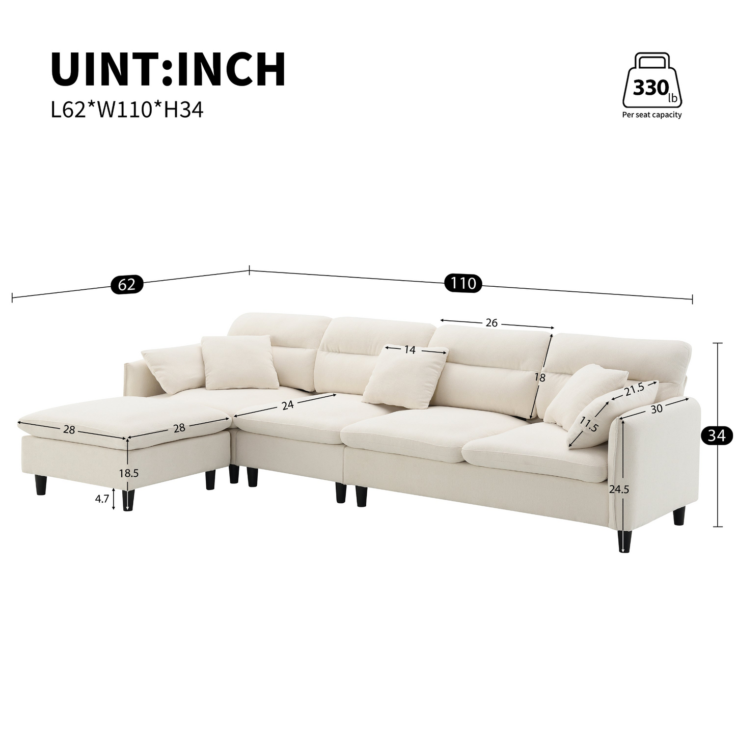 110*62" Modern Convertible Sectional Sofa,L-shaped Reversible Couch Set with Free Pillows,5 Seat Cloud Chenille Indoor Furniture with Ottoman for Living Room,Apartment,3 Colors