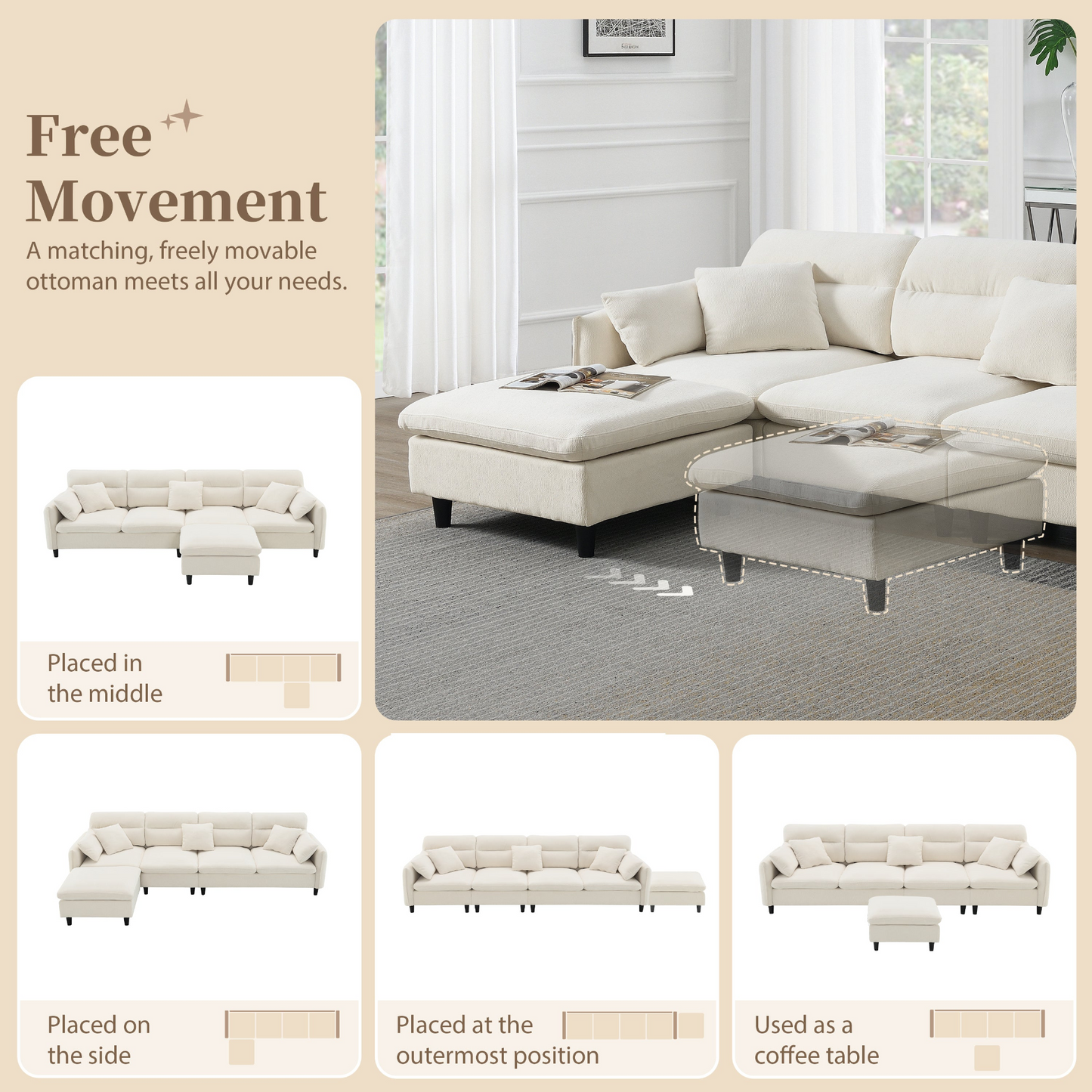 110*62" Modern Convertible Sectional Sofa,L-shaped Reversible Couch Set with Free Pillows,5 Seat Cloud Chenille Indoor Furniture with Ottoman for Living Room,Apartment,3 Colors