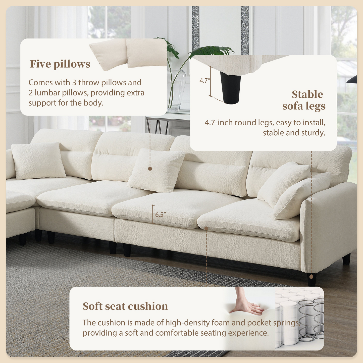 110*62" Modern Convertible Sectional Sofa,L-shaped Reversible Couch Set with Free Pillows,5 Seat Cloud Chenille Indoor Furniture with Ottoman for Living Room,Apartment,3 Colors
