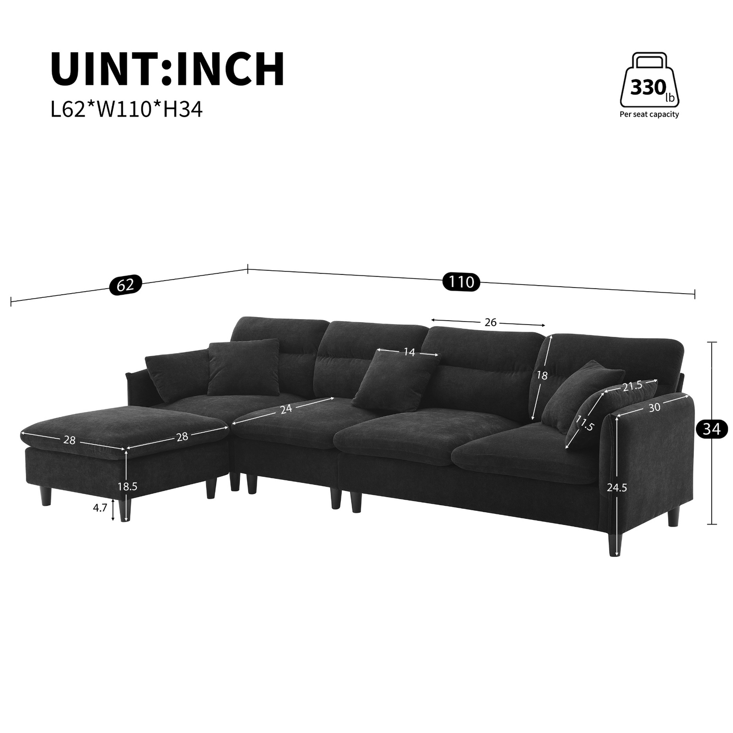 110*62" Modern Convertible Sectional Sofa,L-shaped Reversible Couch Set with Free Pillows,5 Seat Cloud Chenille Indoor Furniture with Ottoman for Living Room,Apartment,3 Colors