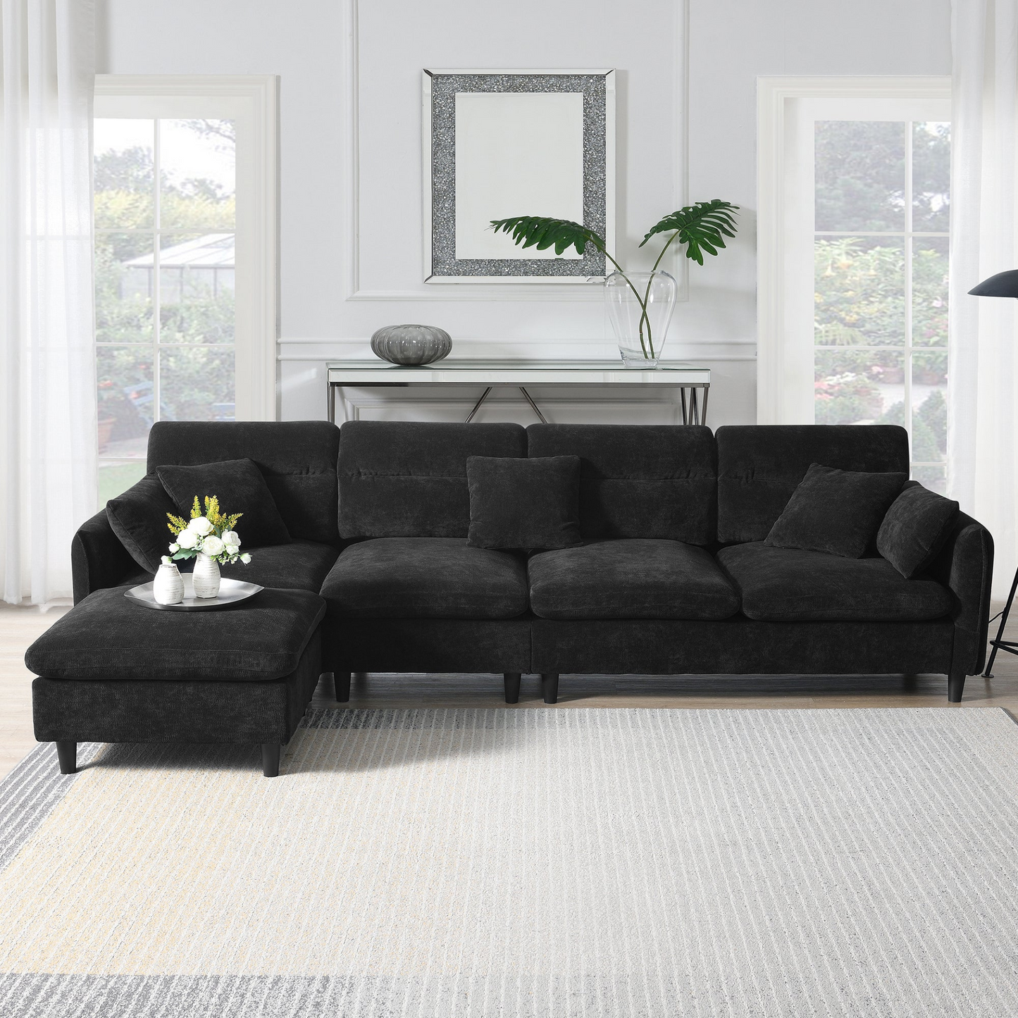 110*62" Modern Convertible Sectional Sofa,L-shaped Reversible Couch Set with Free Pillows,5 Seat Cloud Chenille Indoor Furniture with Ottoman for Living Room,Apartment,3 Colors