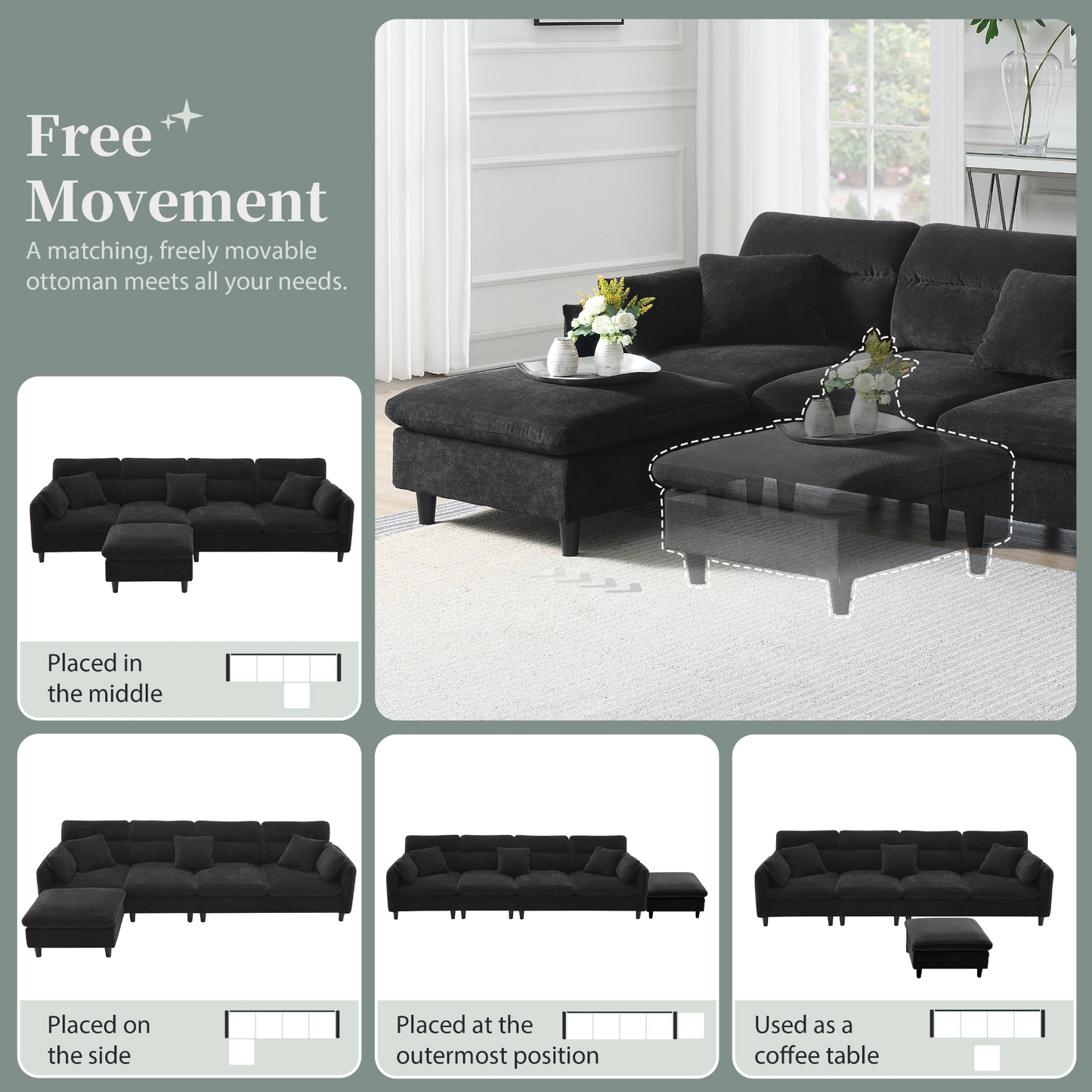 110*62" Modern Convertible Sectional Sofa,L-shaped Reversible Couch Set with Free Pillows,5 Seat Cloud Chenille Indoor Furniture with Ottoman for Living Room,Apartment,3 Colors