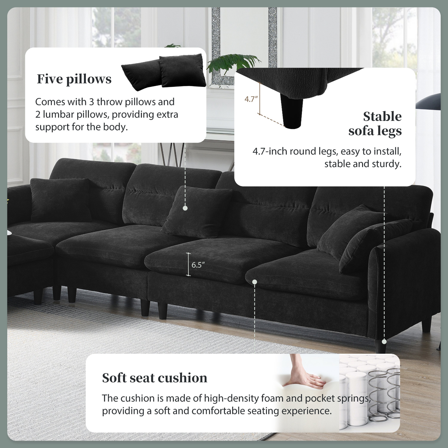 110*62" Modern Convertible Sectional Sofa,L-shaped Reversible Couch Set with Free Pillows,5 Seat Cloud Chenille Indoor Furniture with Ottoman for Living Room,Apartment,3 Colors