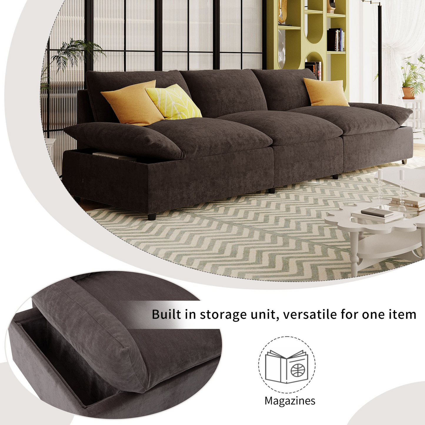 119.5'' 3 Seater Sofa with 2 Storage Units , for Living Room, Office, Apartment