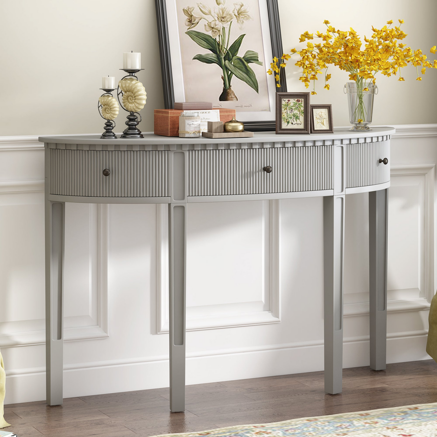 Distinctive Features of Pine Veneer Console Table with Vertical Stripe Drawer Fronts and Four Legs
