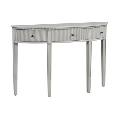 Distinctive Features of Pine Veneer Console Table with Vertical Stripe Drawer Fronts and Four Legs