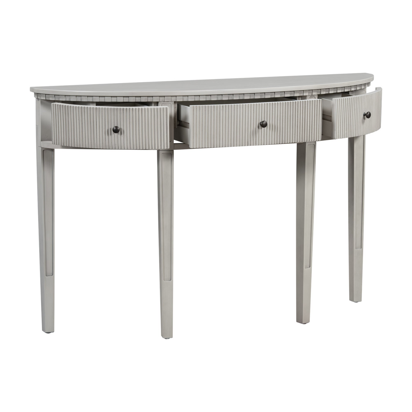 Distinctive Features of Pine Veneer Console Table with Vertical Stripe Drawer Fronts and Four Legs