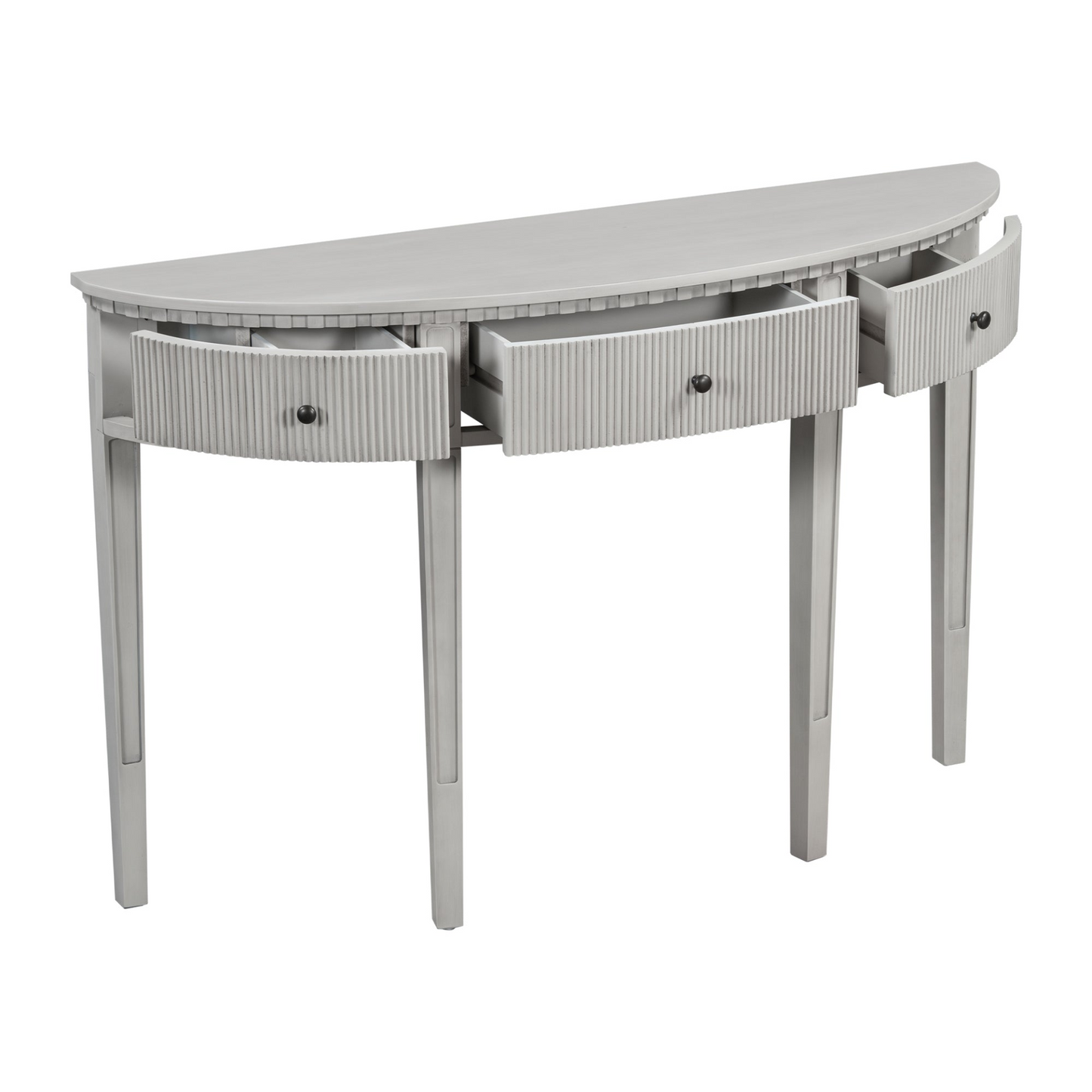 Distinctive Features of Pine Veneer Console Table with Vertical Stripe Drawer Fronts and Four Legs