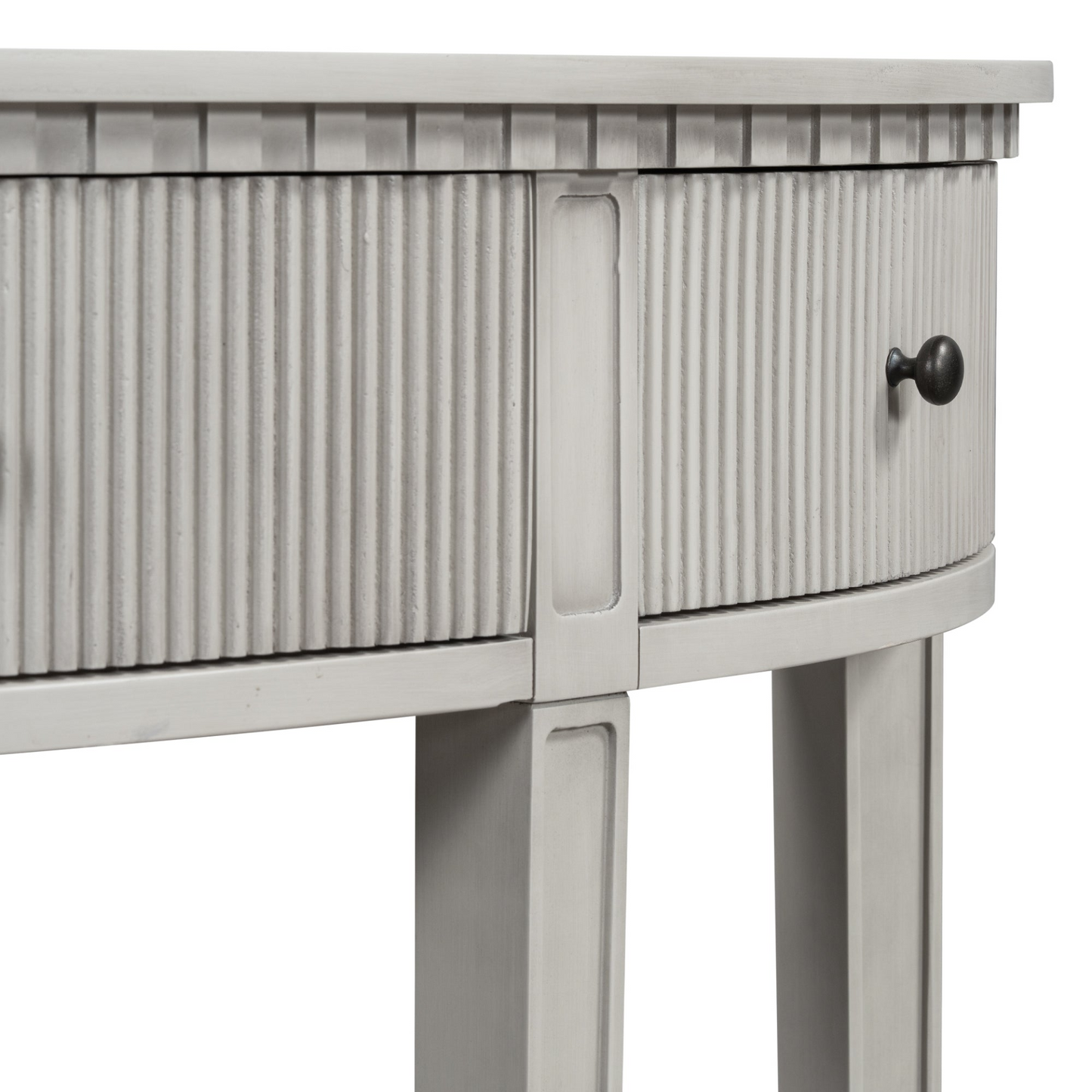 Distinctive Features of Pine Veneer Console Table with Vertical Stripe Drawer Fronts and Four Legs