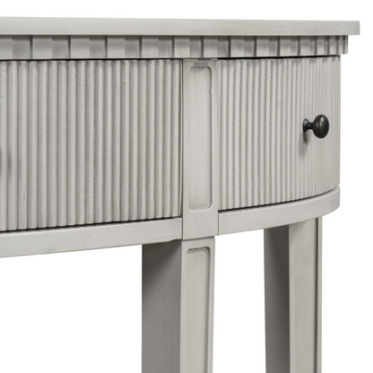 Distinctive Features of Pine Veneer Console Table with Vertical Stripe Drawer Fronts and Four Legs